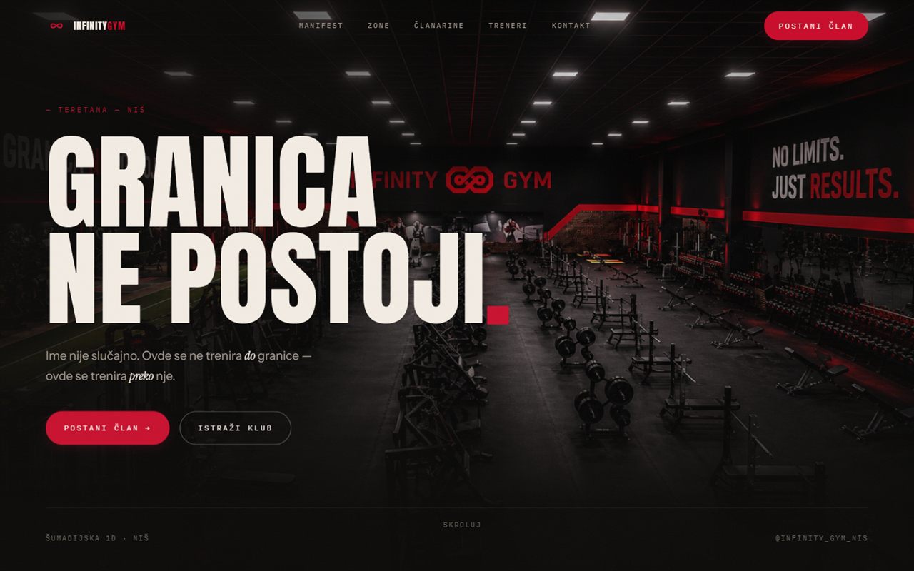 Infinity Gym website — dark hero with bold typography