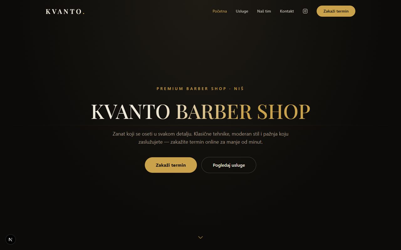 Kvanto Barber Shop website — premium dark design with online booking