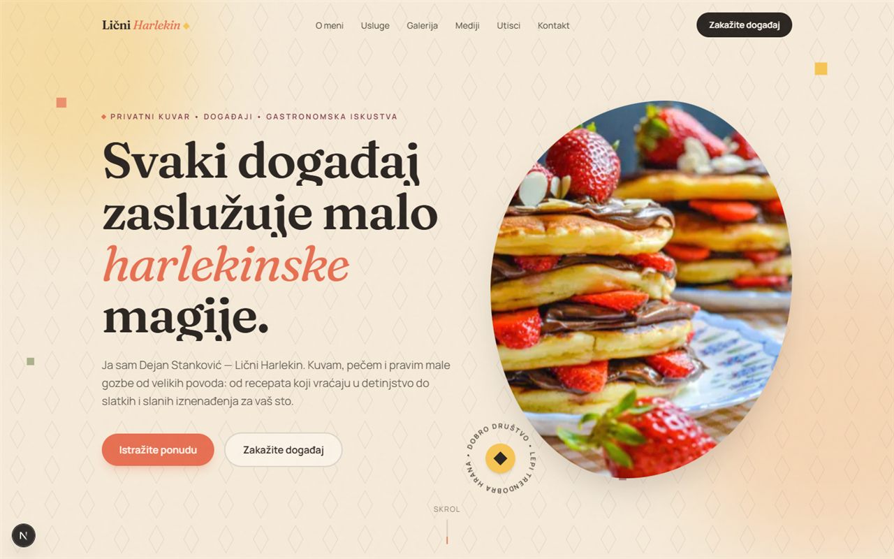 Lični Harlekin website — private chef brand with warm editorial design